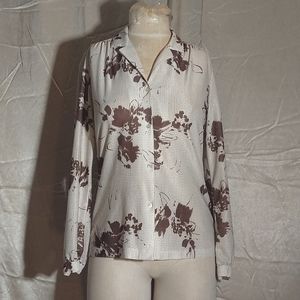 Vintage 70s Joren San Fransisco Brown White Large Collar Dot Abstract Top